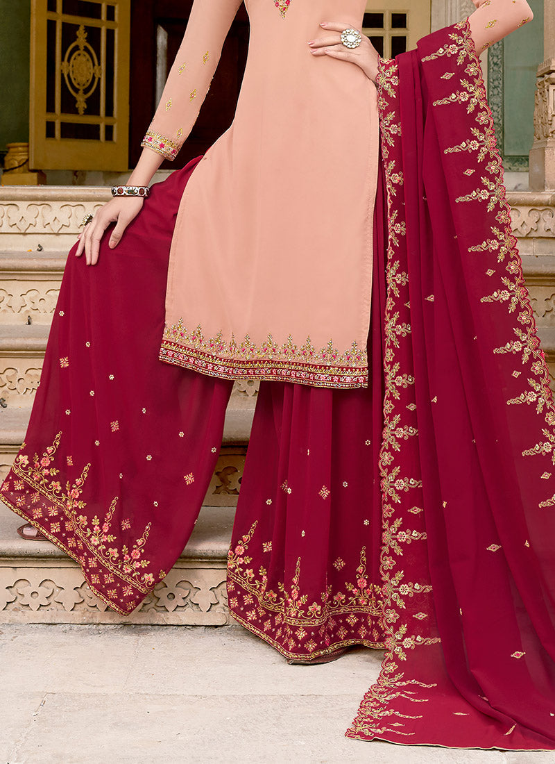 Light Pink And Dark Red Embroidered Georgette Palazzo Suit