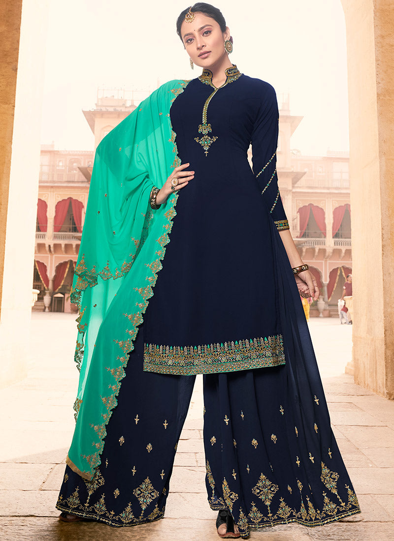 Dark Blue And Turquoise Embroidered Georgette Palazzo Suit