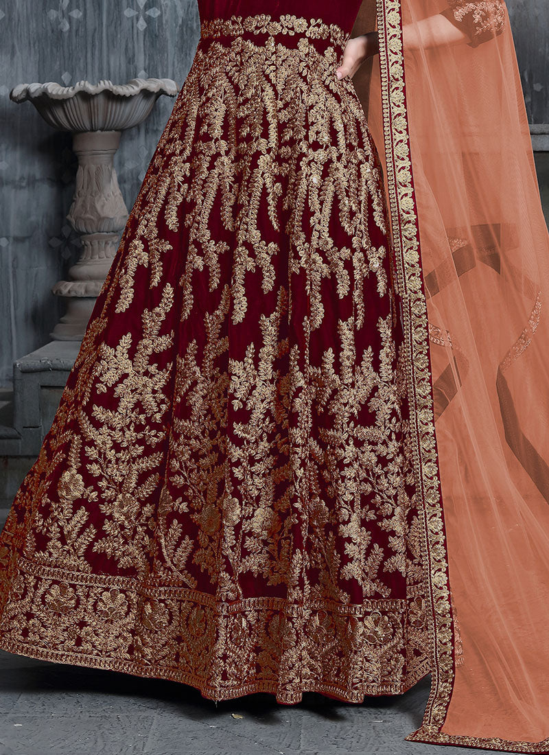 Red Velvet Anarkali With Orange Dupatta
