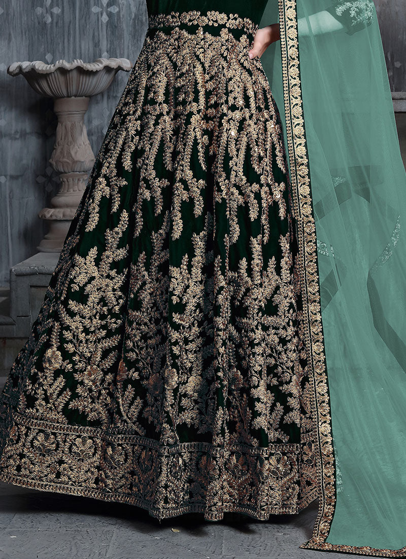 Dark Green Velvet Anarkali With Mint Green Dupatta