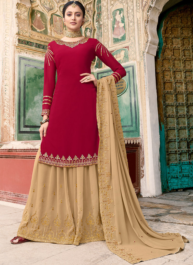 Red And Beige Embroidered Georgette Palazzo Suit