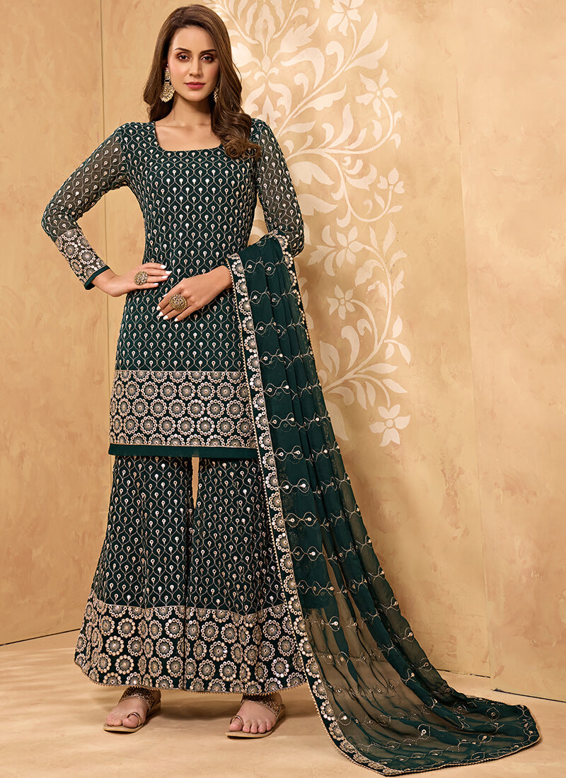 Green Embroidered Georgette Sharara