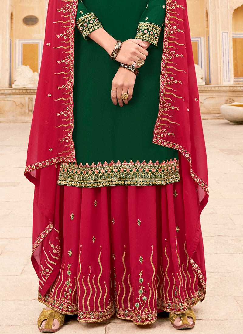 Dark Green And Hot Pink Embroidered Georgette Palazzo Suit
