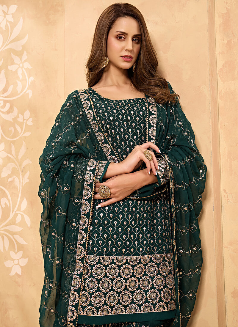 Green Embroidered Georgette Sharara