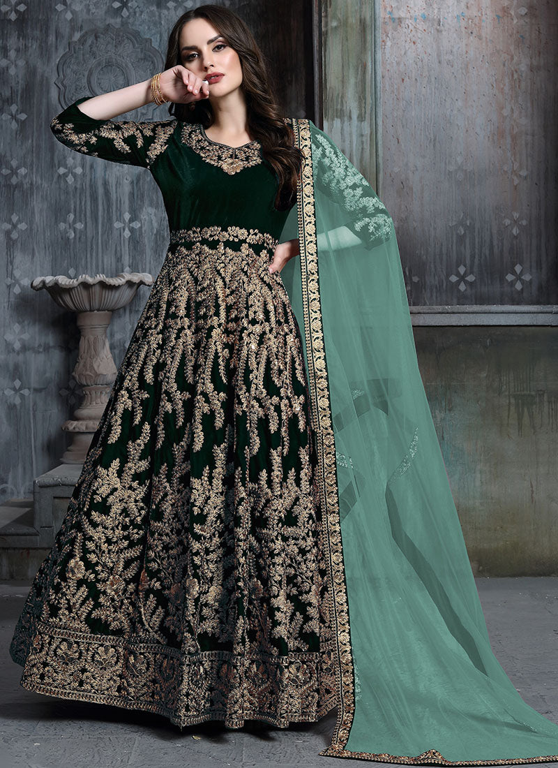 Dark Green And Pink Color Gown With Dupatta - Gowns - Womens Wear
