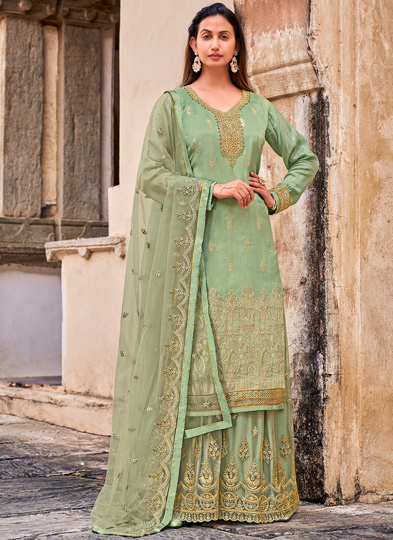 Mint Embroidered Sharara Suit