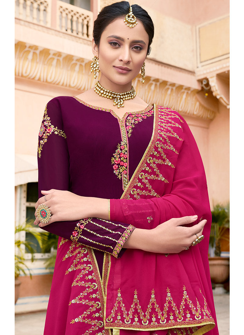Magenta Multicolor Embroidered Georgette Palazzo Suit