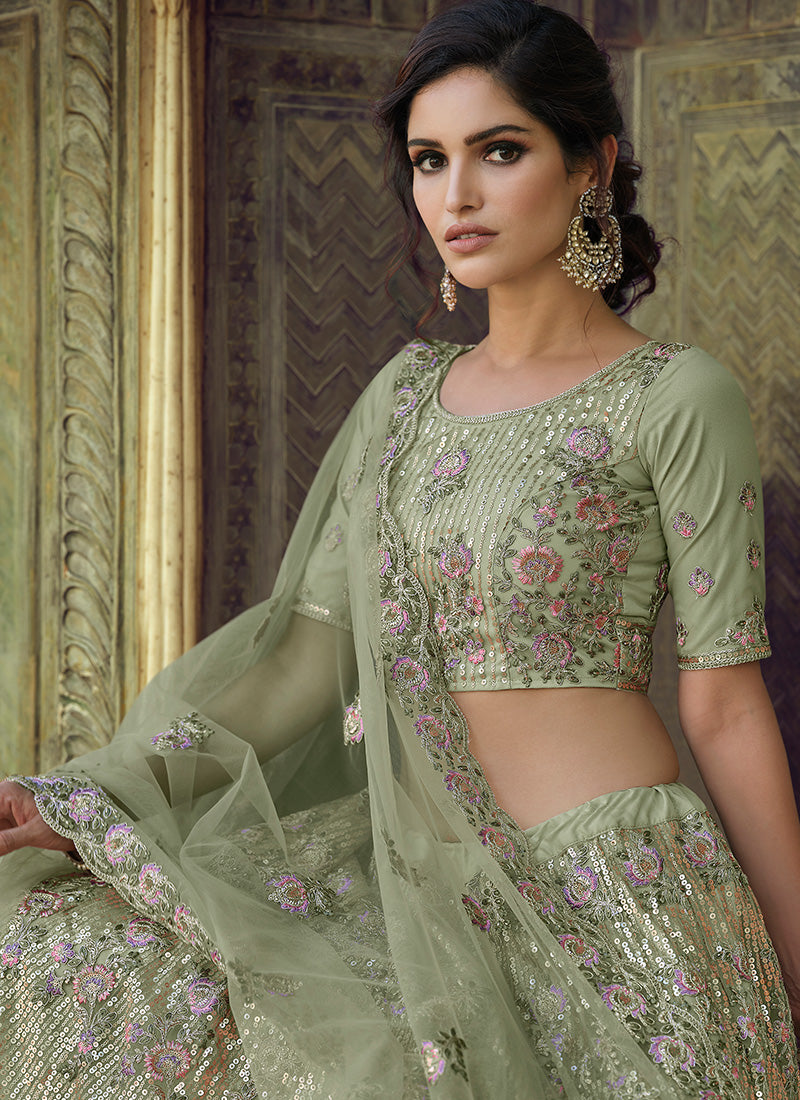 Green Embroidered Floral Lehenga