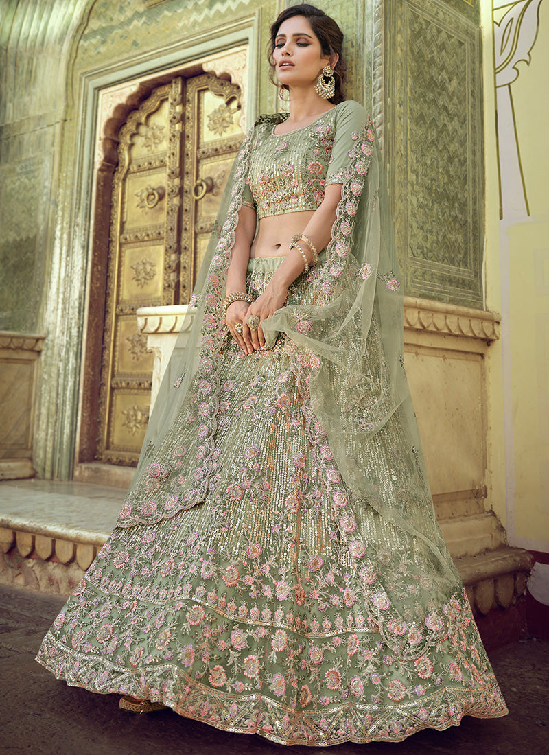 Green Embroidered Floral Lehenga