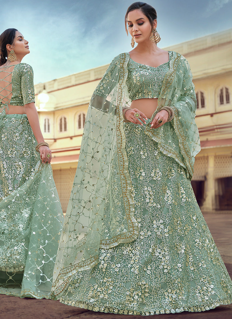 Green Embroidered Sequins Lehenga