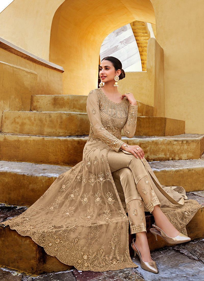Beige Embroidered Pant Style Anarkali