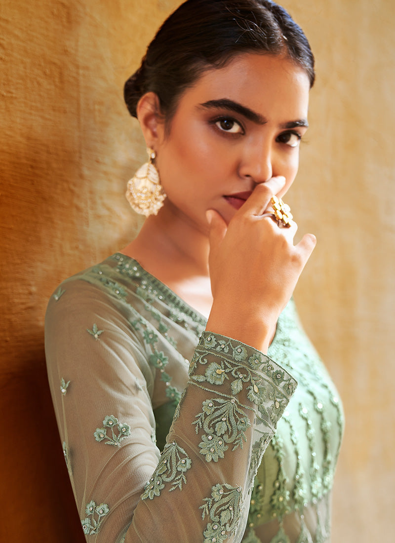 Sea Green Embroidered Pant Style Anarkali
