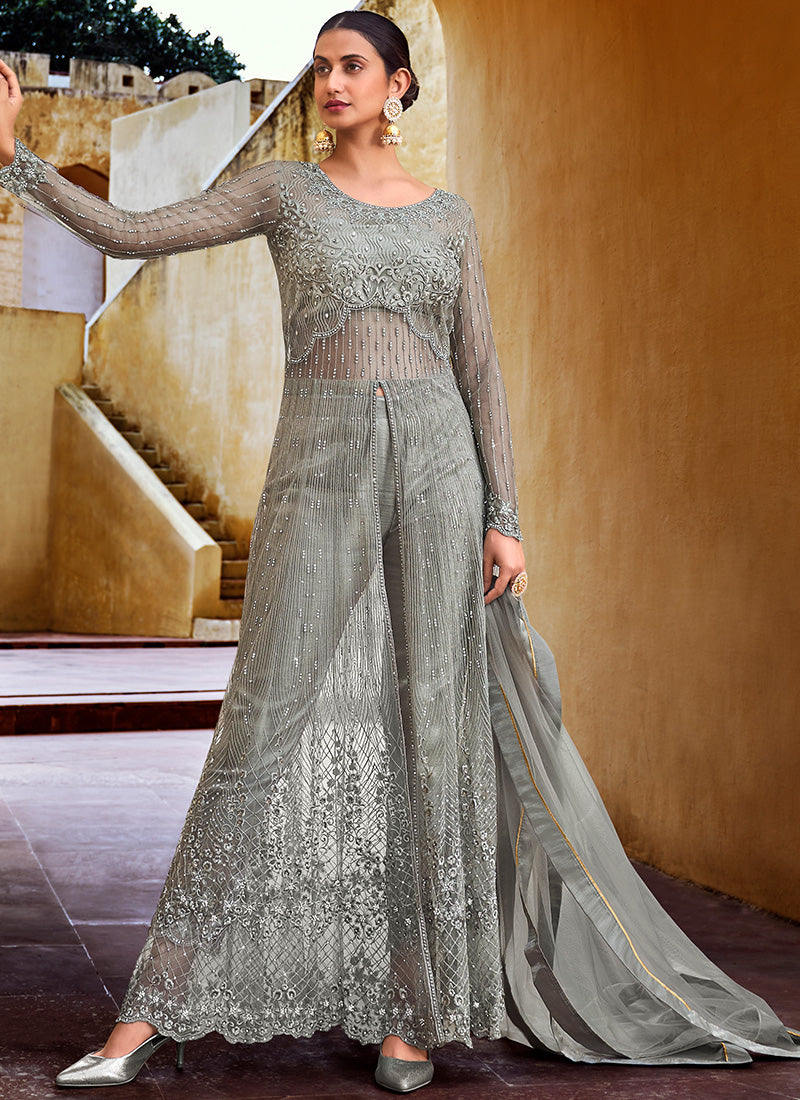 Grey Embroidered Pant Style Anarkali