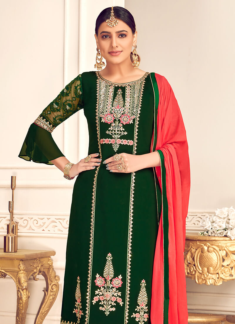 Green and Crimson Embroidered Palazzo Suit