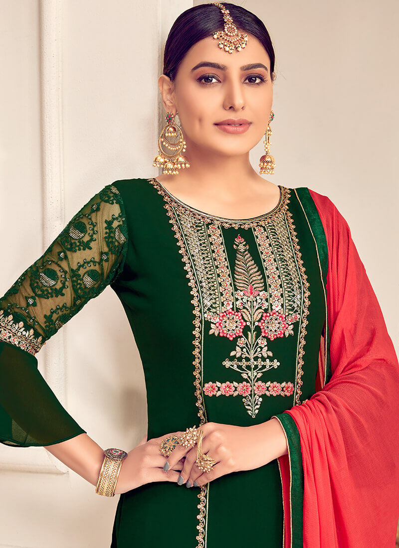 Green and Crimson Embroidered Palazzo Suit