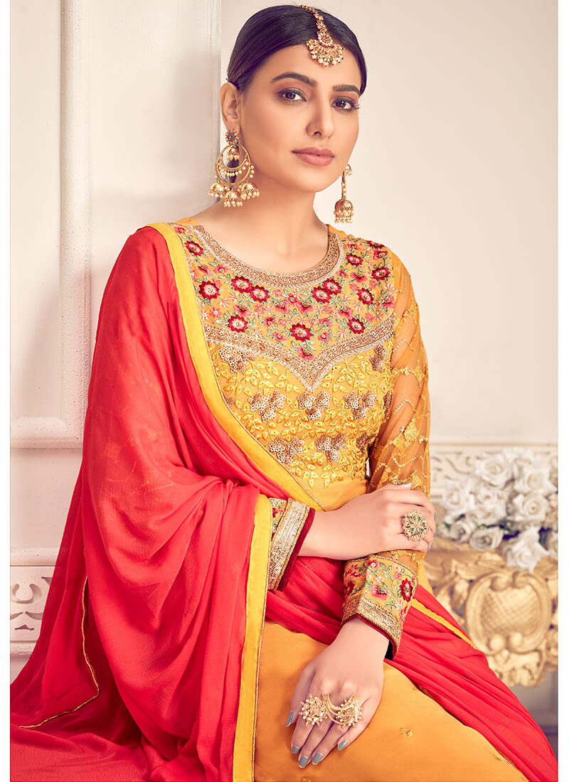 Yellow and Dark Peach Embroidered Palazzo Suit