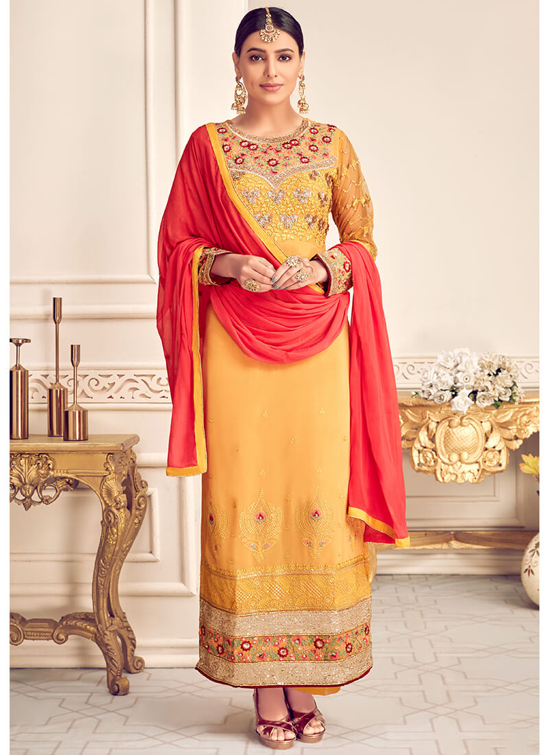 Yellow and Dark Peach Embroidered Palazzo Suit