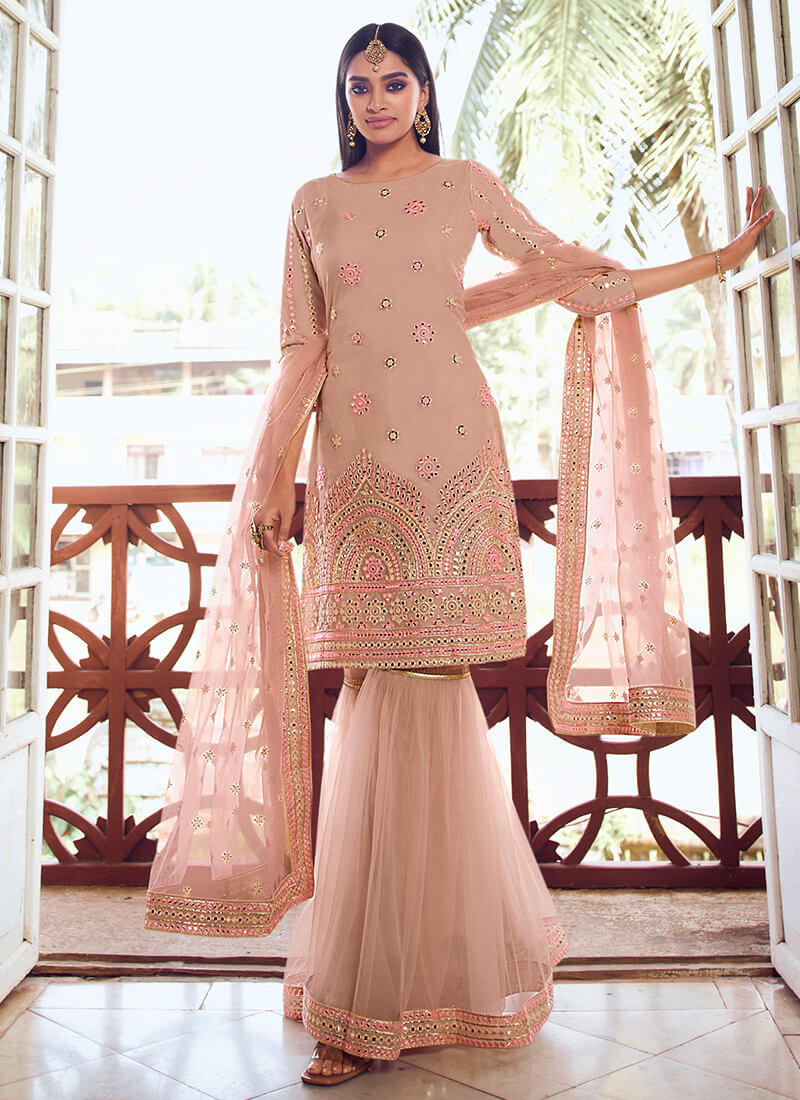 Soft Taupe Embroidered Gharara Suit