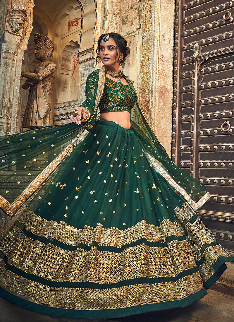 Green and Gold Sequins Embroidered Net Lehenga