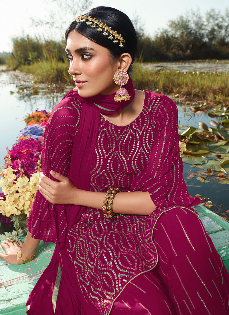 Magenta Embroidered Georgette Sharara Suit
