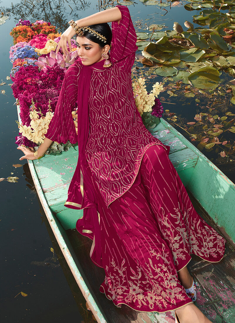 Magenta Embroidered Georgette Sharara Suit