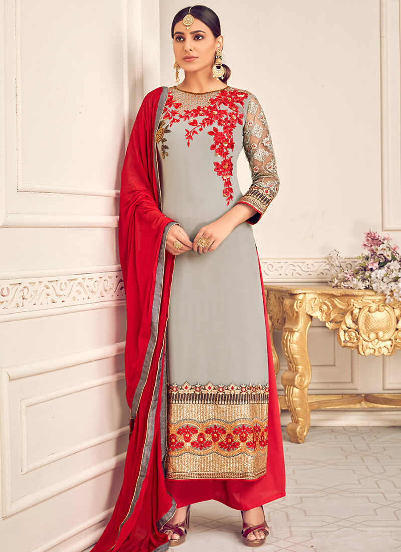 Light Grey and Red Embroidered Palazzo Suit
