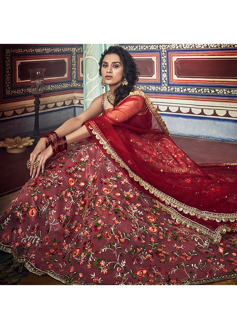 Light Pink and Red Embroidered Net Lehenga
