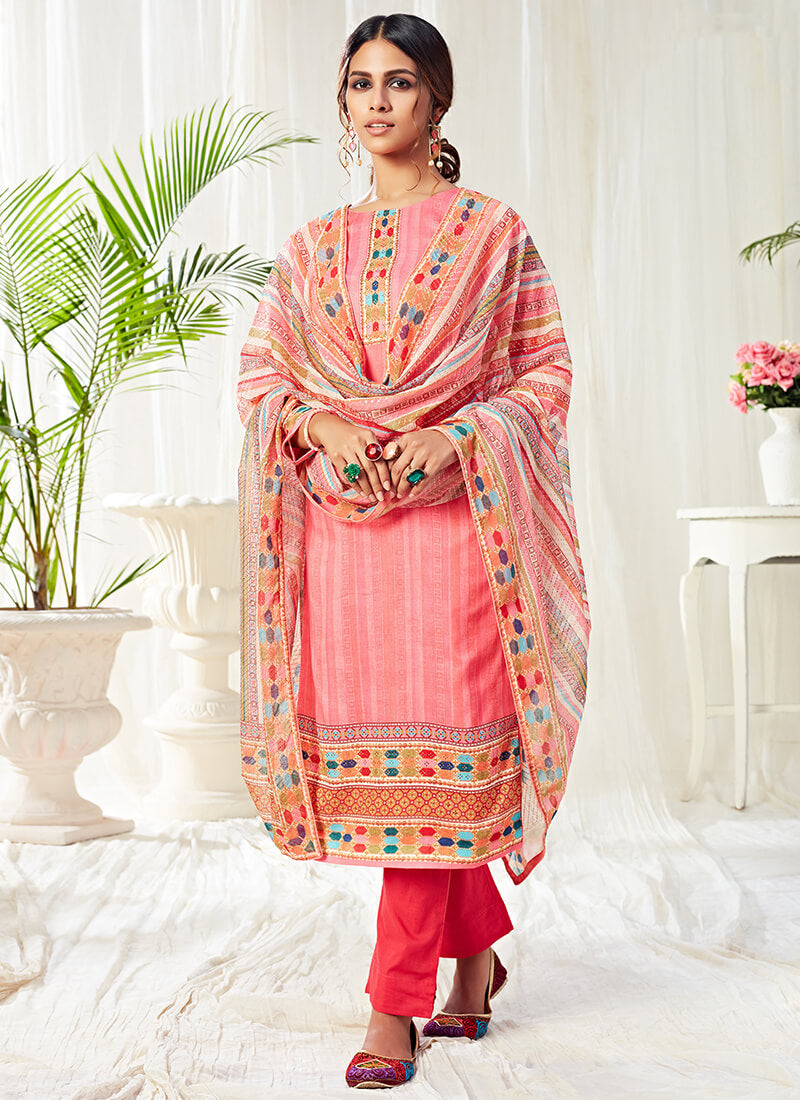 Pink Multicolor Cotton Straight Suit