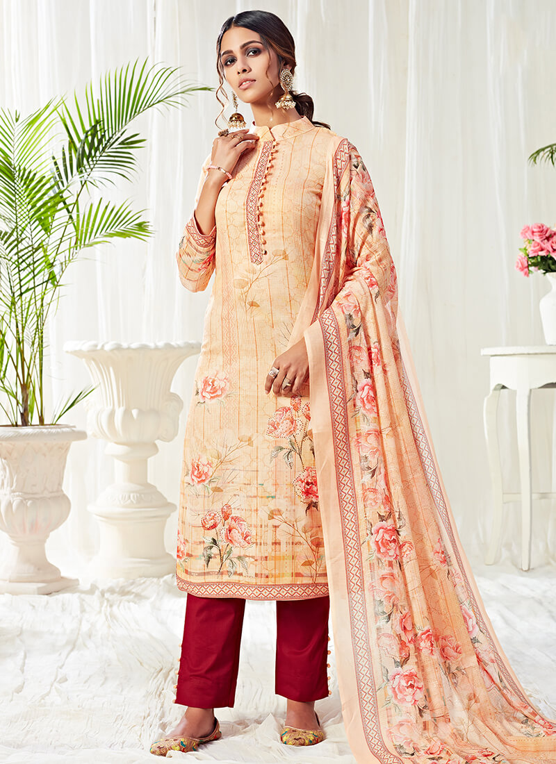 Light Peach and Red Multicolor Cotton Straight Suit