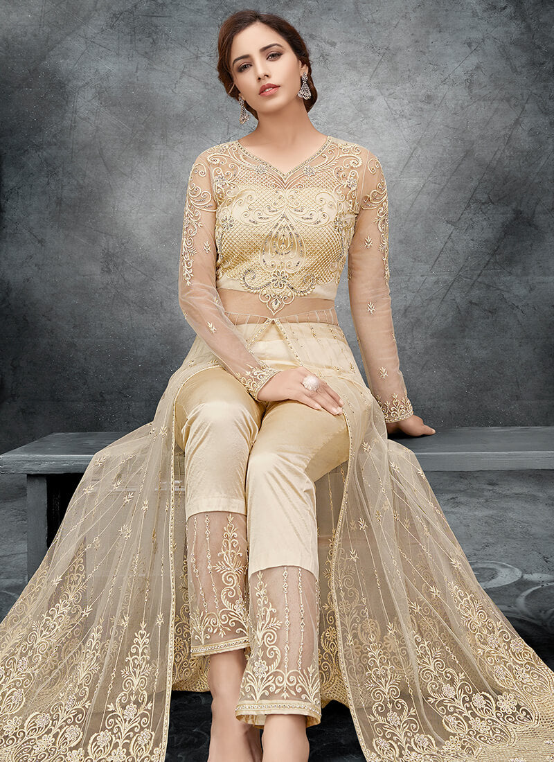 Cream Embroidered Pant Style Anarkali