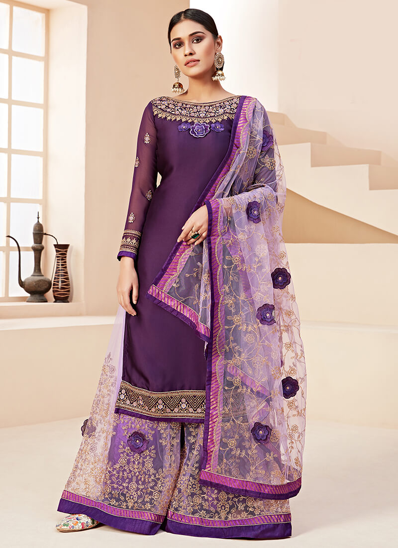 Purple and Lilac Satin Georgette Sharara Suit