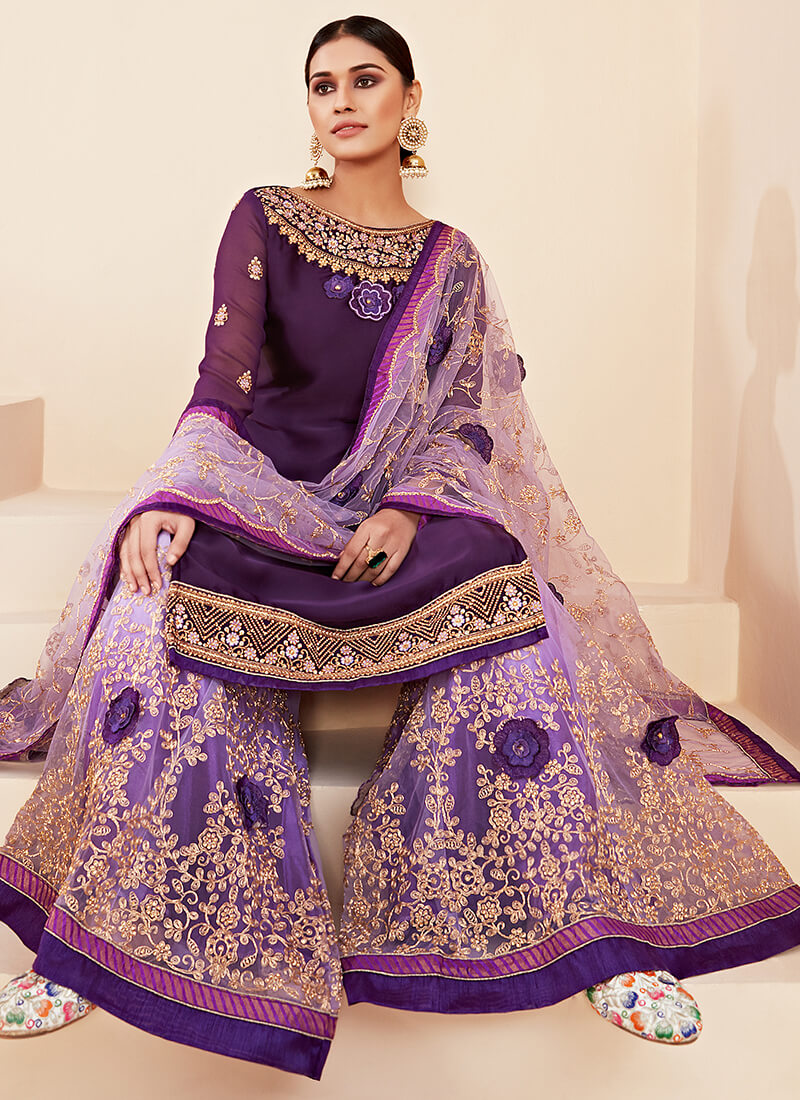 Purple and Lilac Satin Georgette Sharara Suit