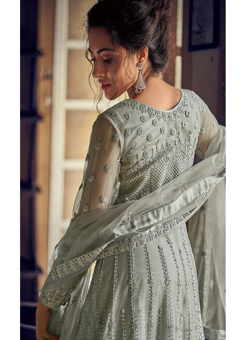 Light Grey Embroidered Anarkali Suit