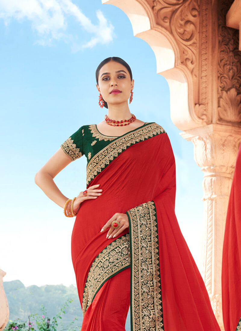 Red and Green Embroidered Dola Silk Saree