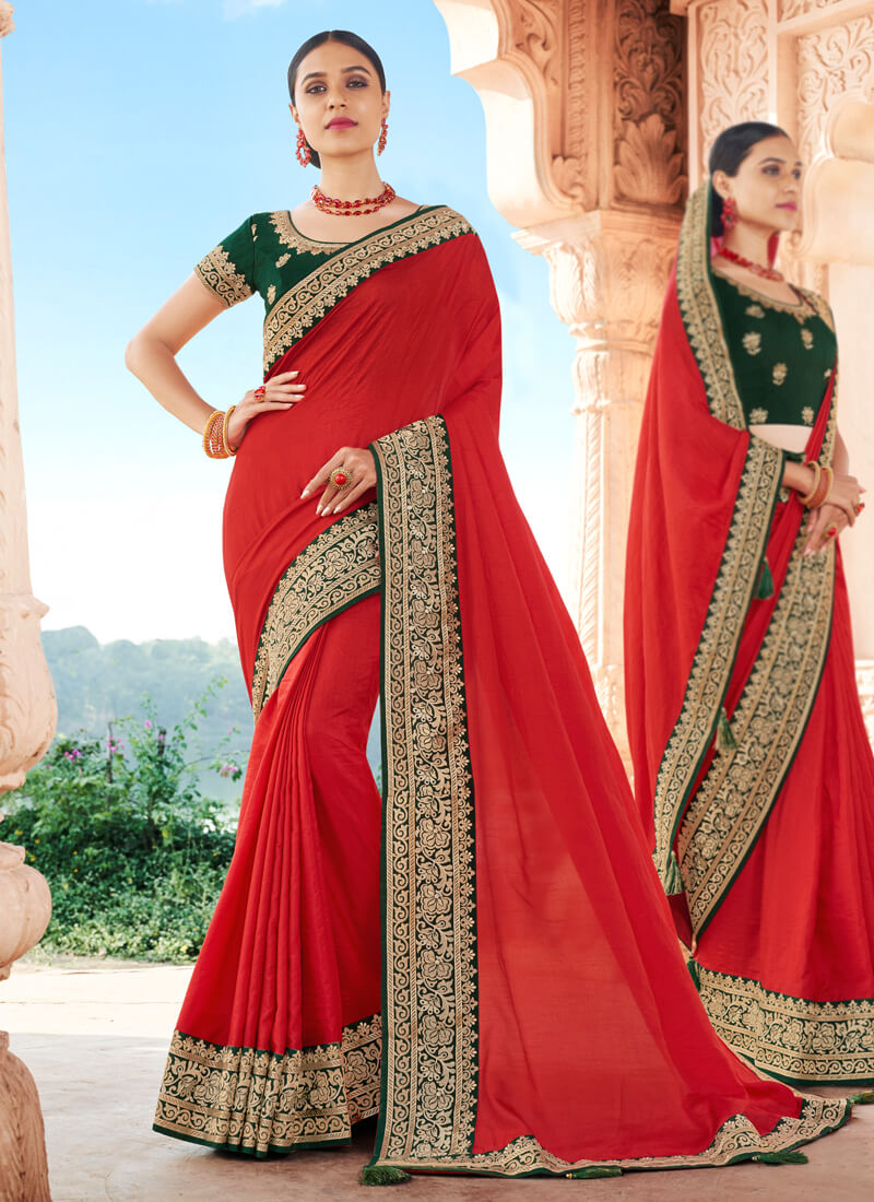 Red and Green Embroidered Dola Silk Saree