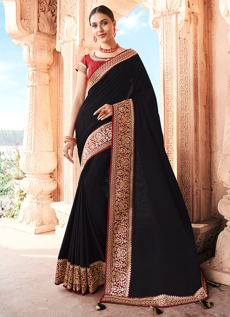 Black and Red Embroidered Dola Silk Saree