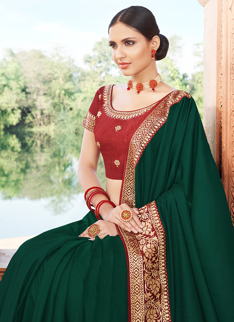 Green and Red Embroidered Dola Silk Saree