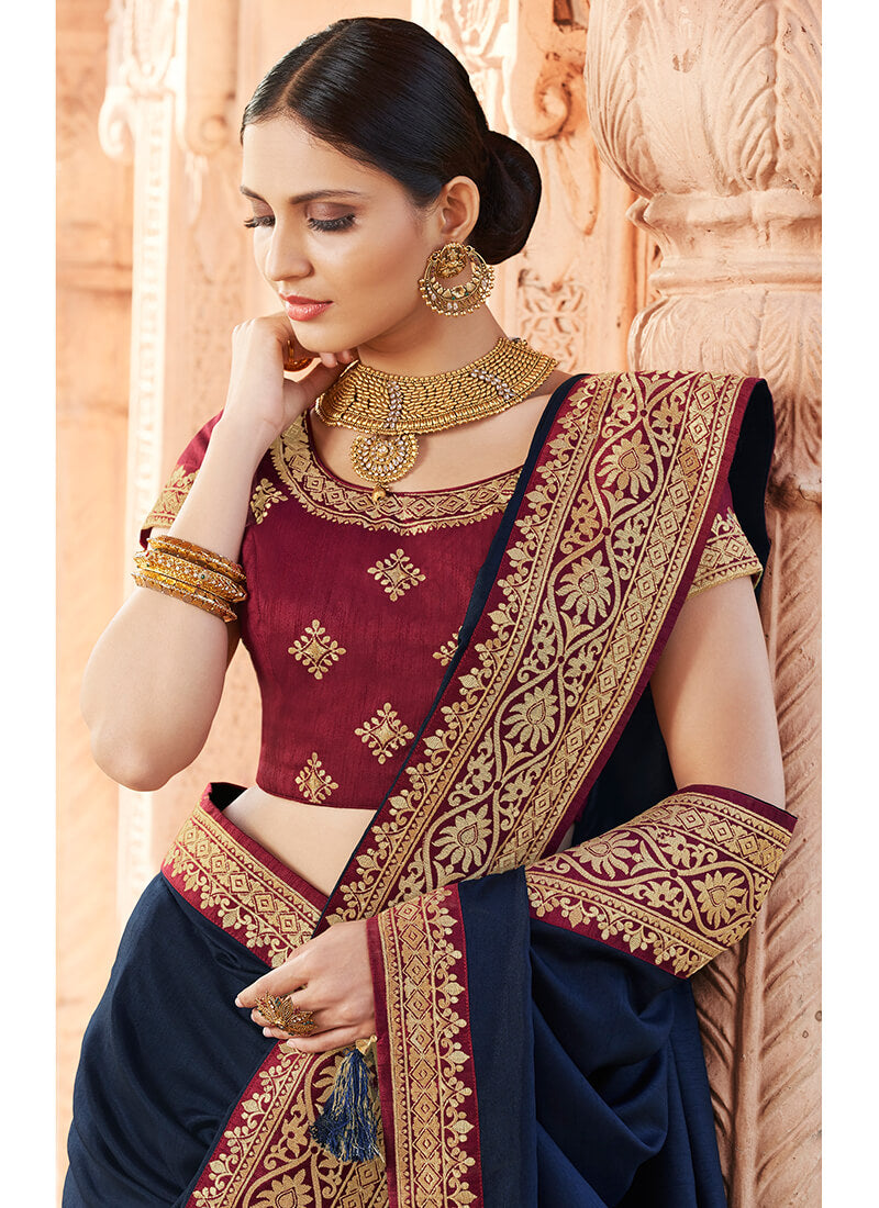Navy Blue and Red Embroidered Dola Silk Saree