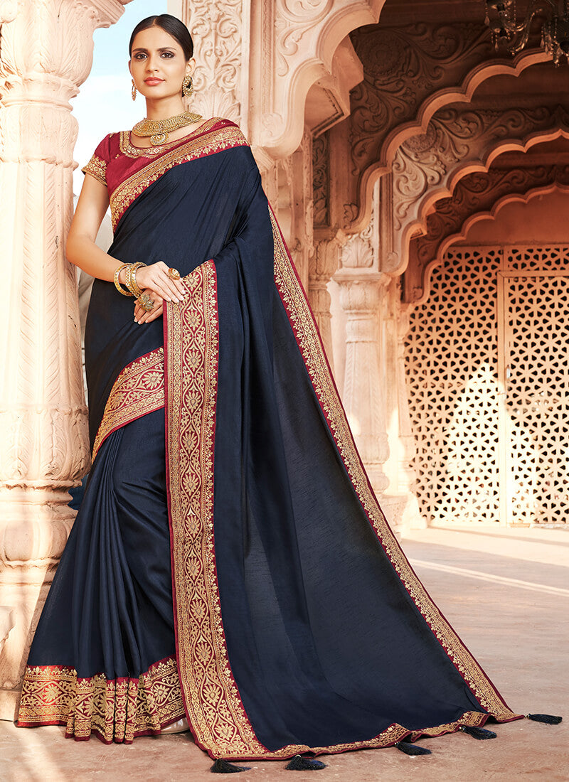 Navy Blue and Red Embroidered Dola Silk Saree
