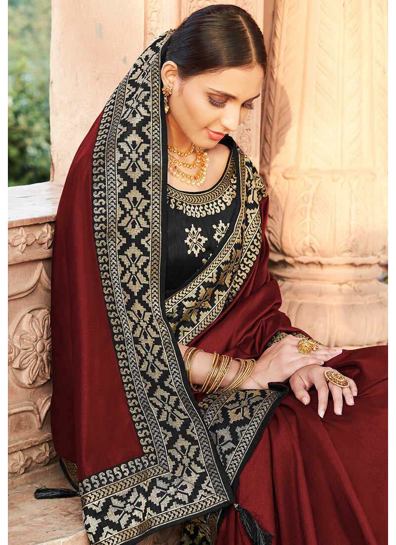 Deep Red and Black Embroidered Dola Silk Saree