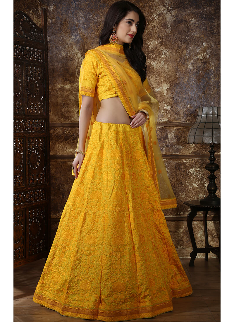 Sunshine Yellow Thread Embroidered Silk Lehenga