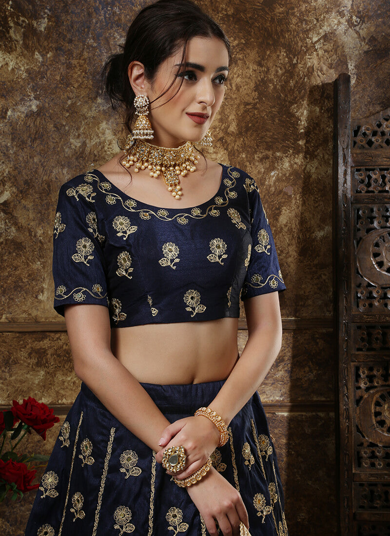 Navy Blue and Gold Embroidered Silk Lehenga