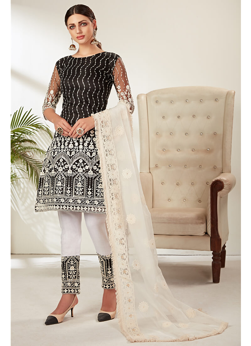 Black and White Embroidered Pant Suit