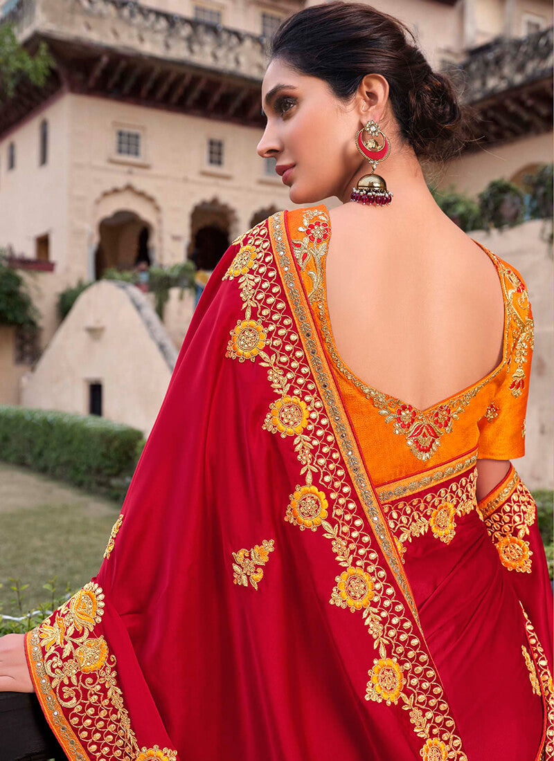 Mustard Yellow and Red Embroidered Satin Saree