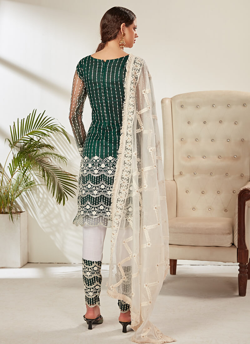 Green and White Embroidered Pant Suit