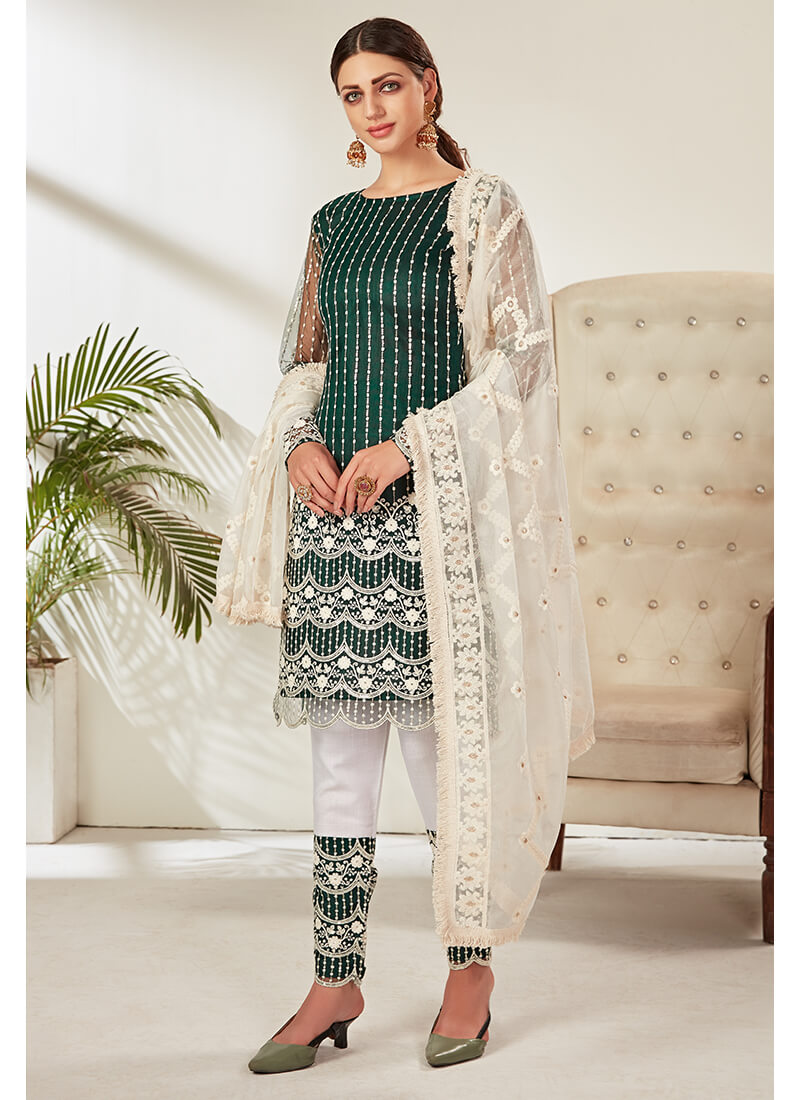 Green and White Embroidered Pant Suit