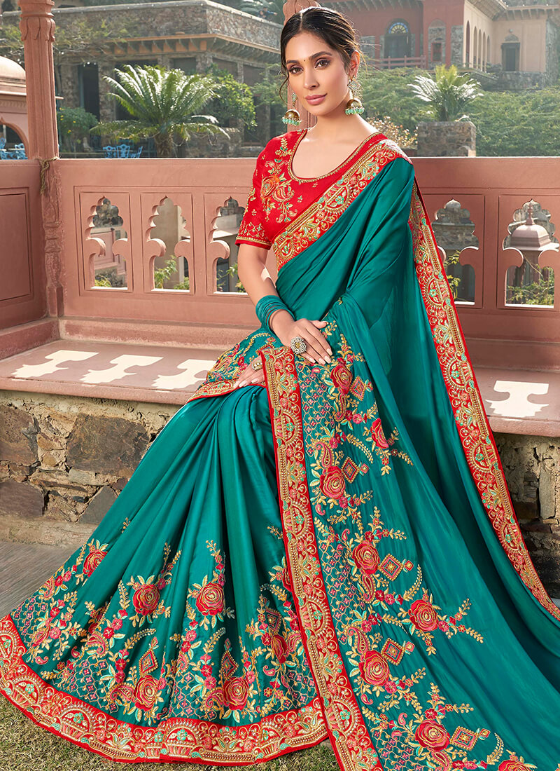 Teal Green and Red Embroidered Satin Saree