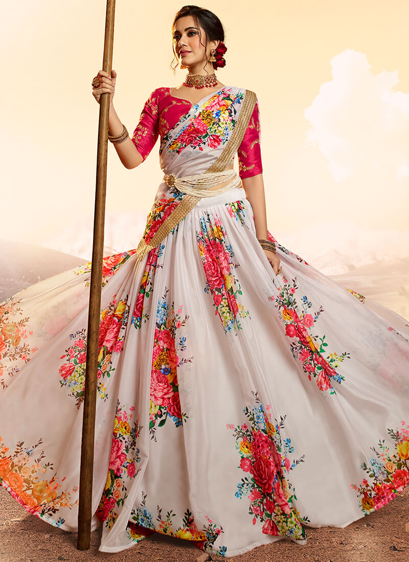Hot Pink and White Multicolor Organza Lehenga