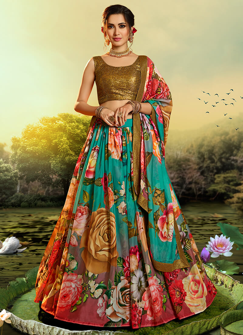 Turquoise and Gold Floral Organza Lehenga