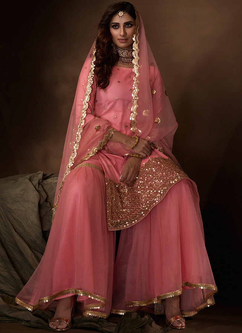 Pink and Gold Sequins Gharara Suit